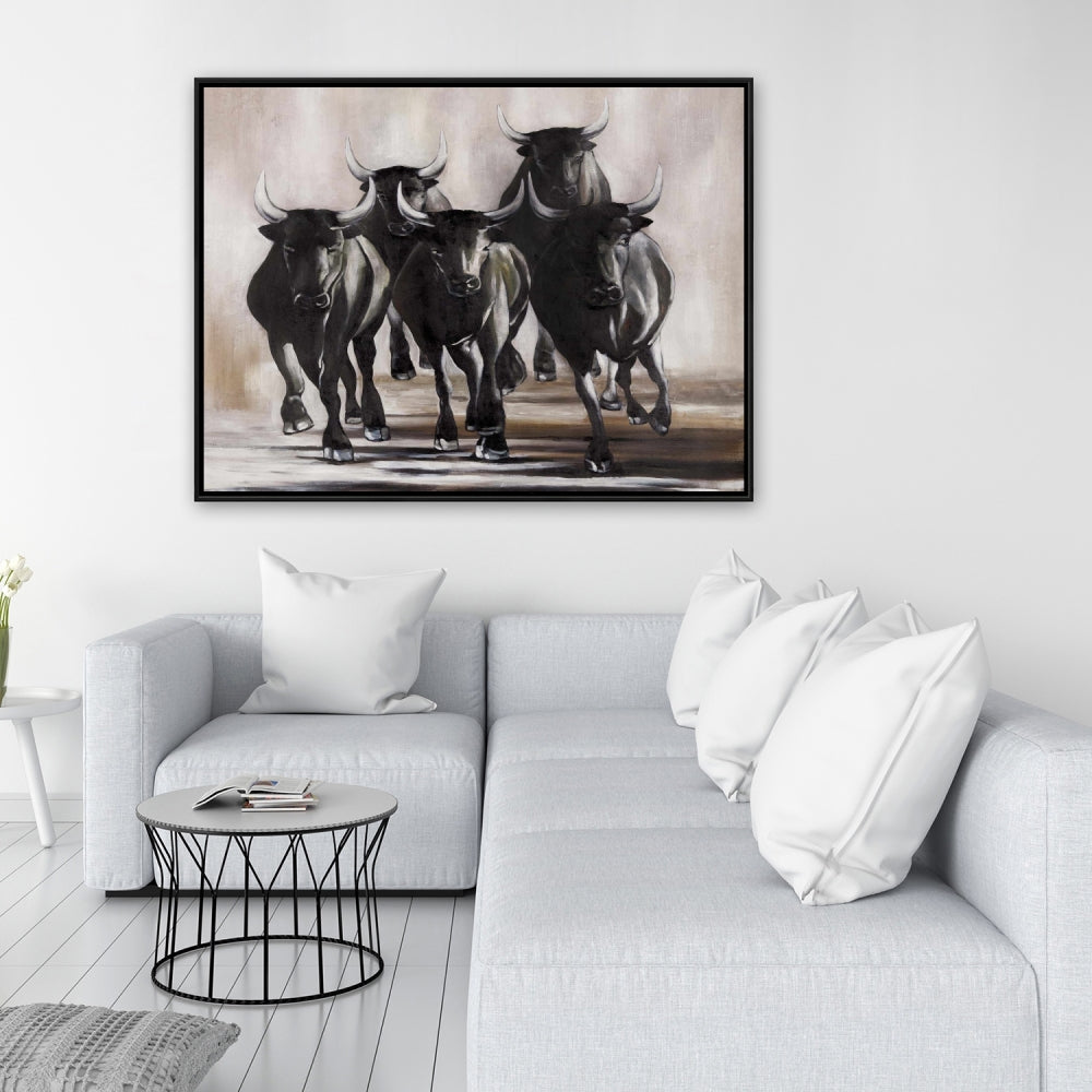 Groupe de taureaux en course – Décoration sur toile encadrée d'animaux bruns