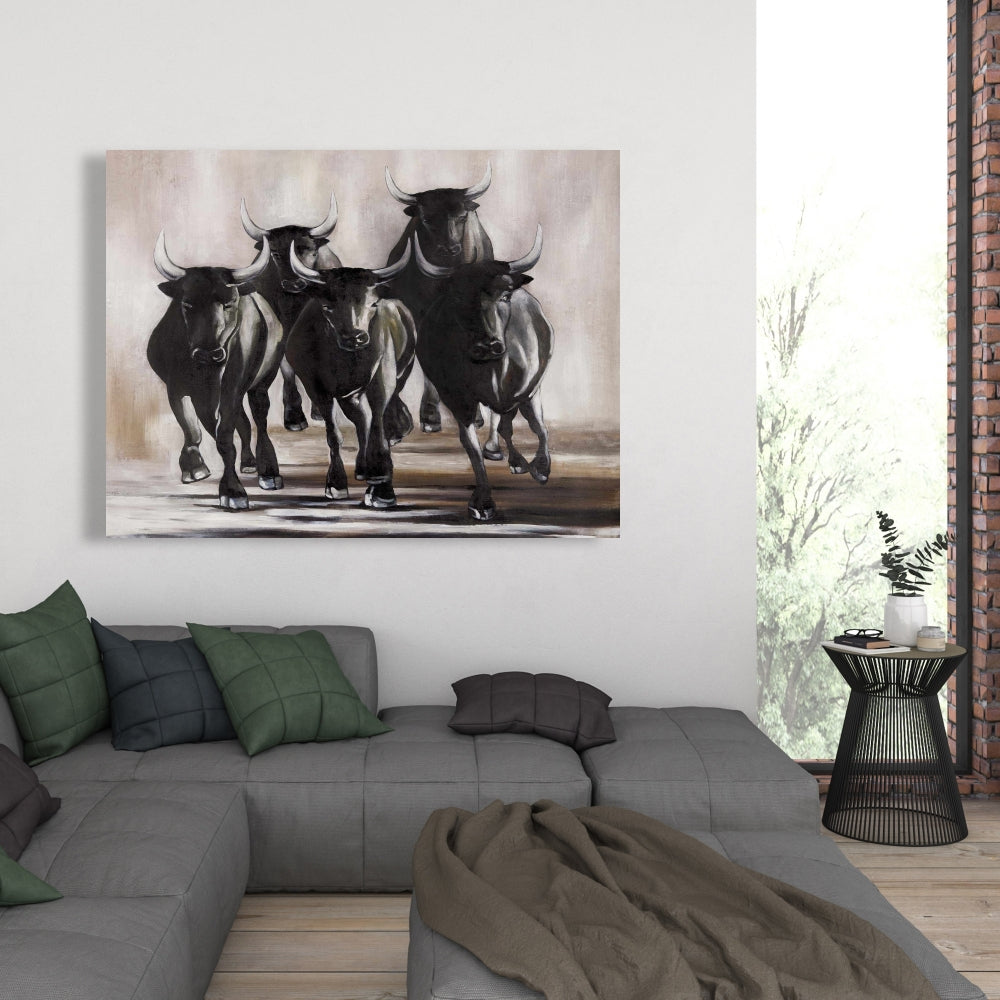 Toile représentant un groupe de taureaux en fuite – Décoration rustique d'animaux de ferme