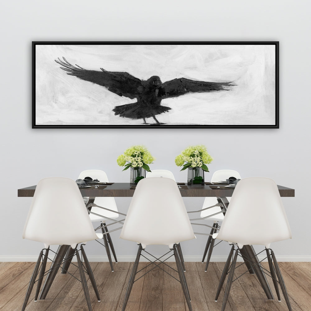 Corbeau en vol | Toile encadrée noir et blanc pour décoration intérieure