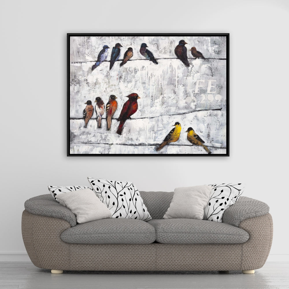 Toile contemporaine bleue - Décor d'oiseaux colorés sur des branches