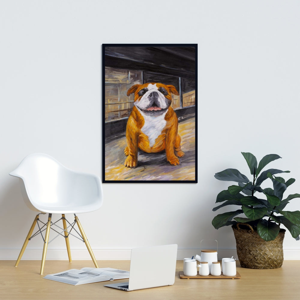 Smiling Bulldog Framed Canvas | Brown Animal Bedroom Decor
