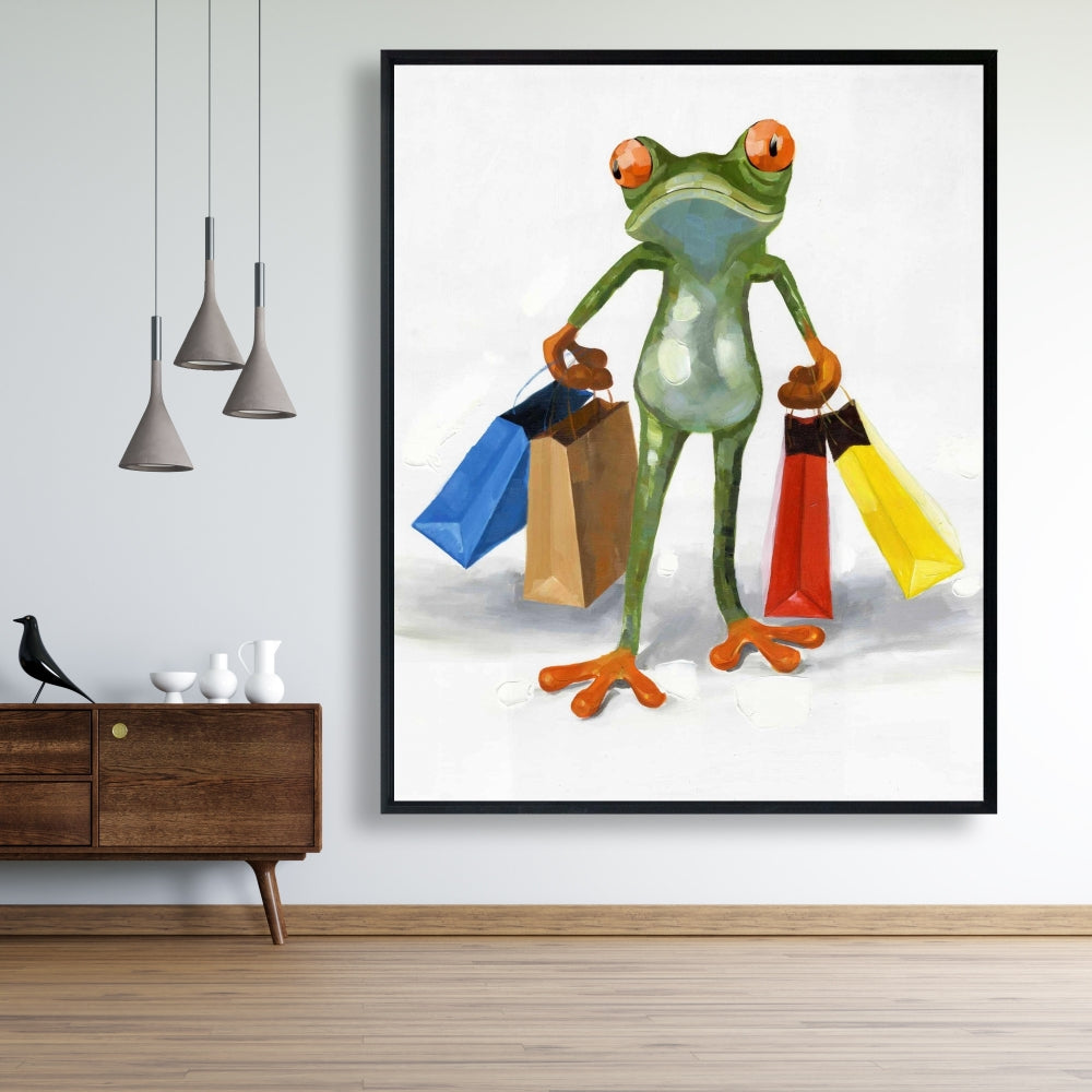 Funny Frog with Shopping Bags Canvas | Animal Bedroom Decor