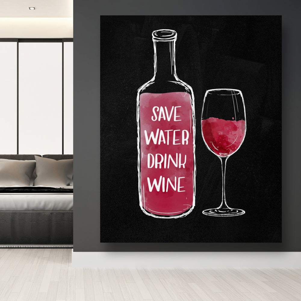 Toile noire « Économisez de l'eau, buvez du vin » | Décoration murale