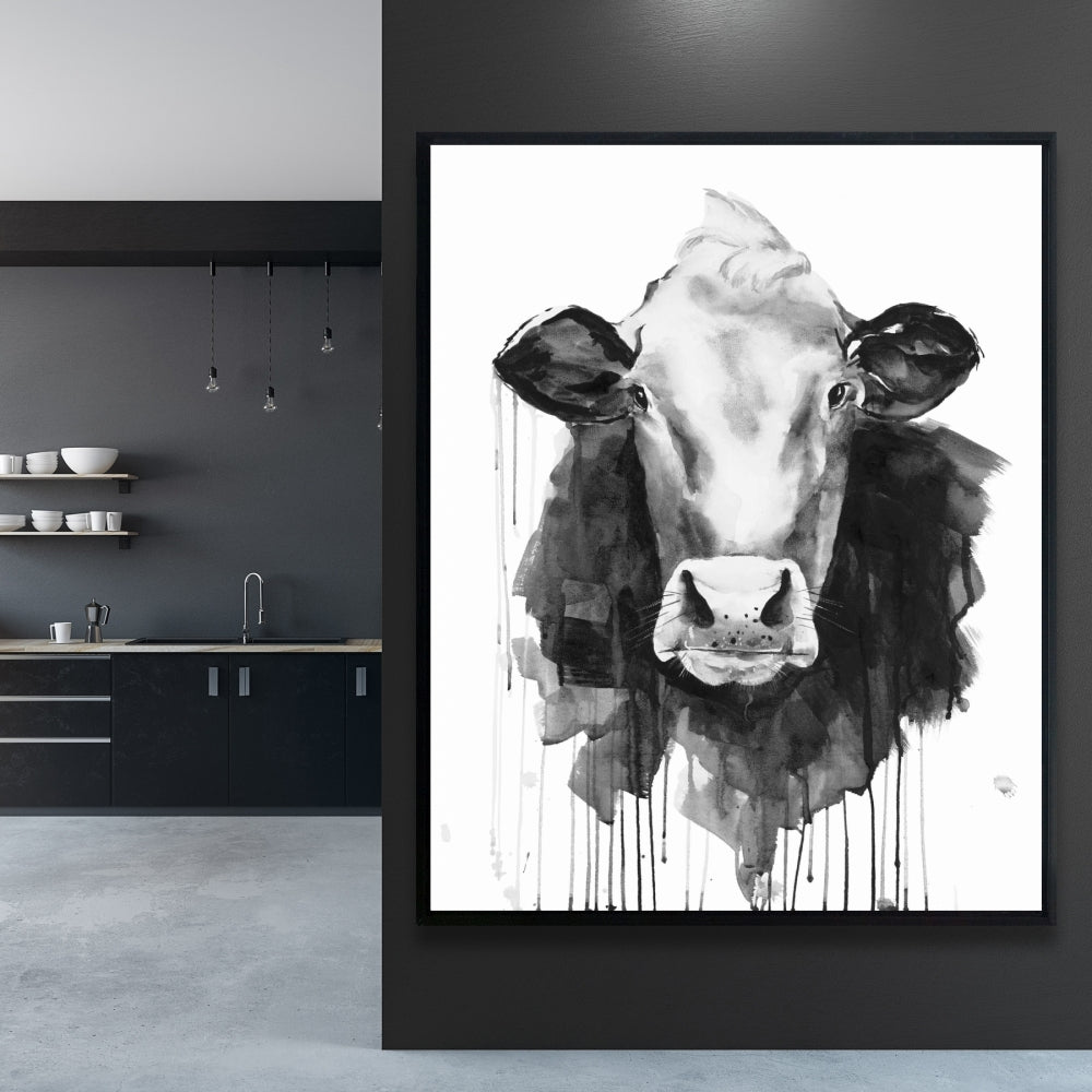 Toile monochrome représentant une vache et un animal de la ferme | Décoration d'intérieur encadrée