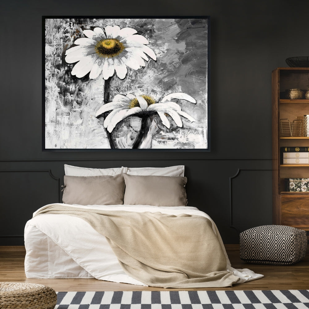 Toile abstraite avec marguerites et fleurs - Décoration industrielle pour chambre blanche