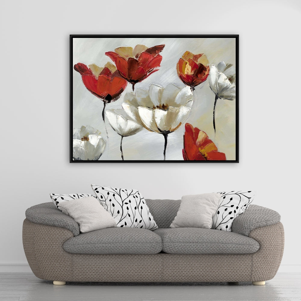 Toile encadrée à fleurs rouges et blanches abstraites - Décoration d'intérieur moderne