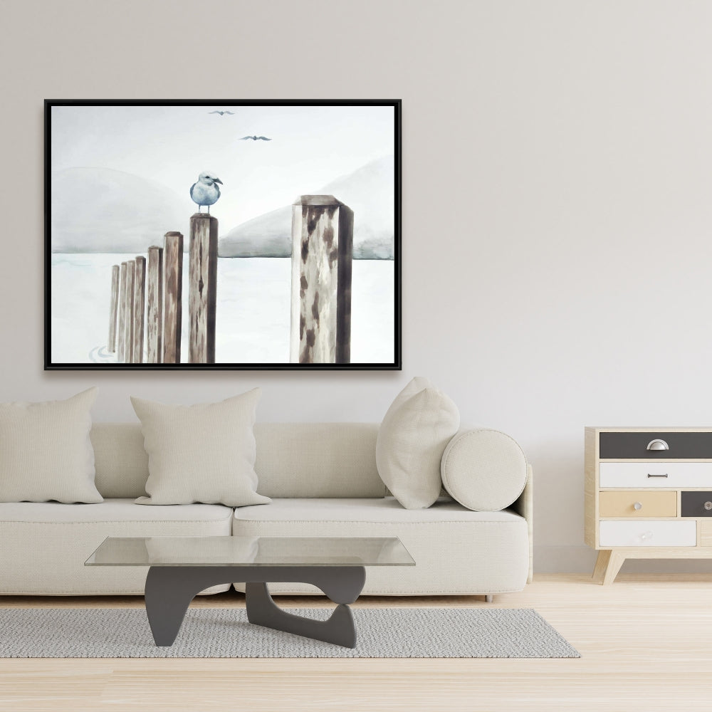 Mouette à la marina | Toile encadrée bleu marine