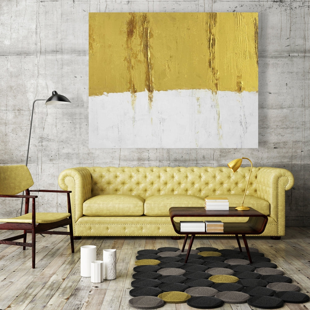 Toile abstraite à motifs blancs – Décoration d'intérieur à rayures dorées