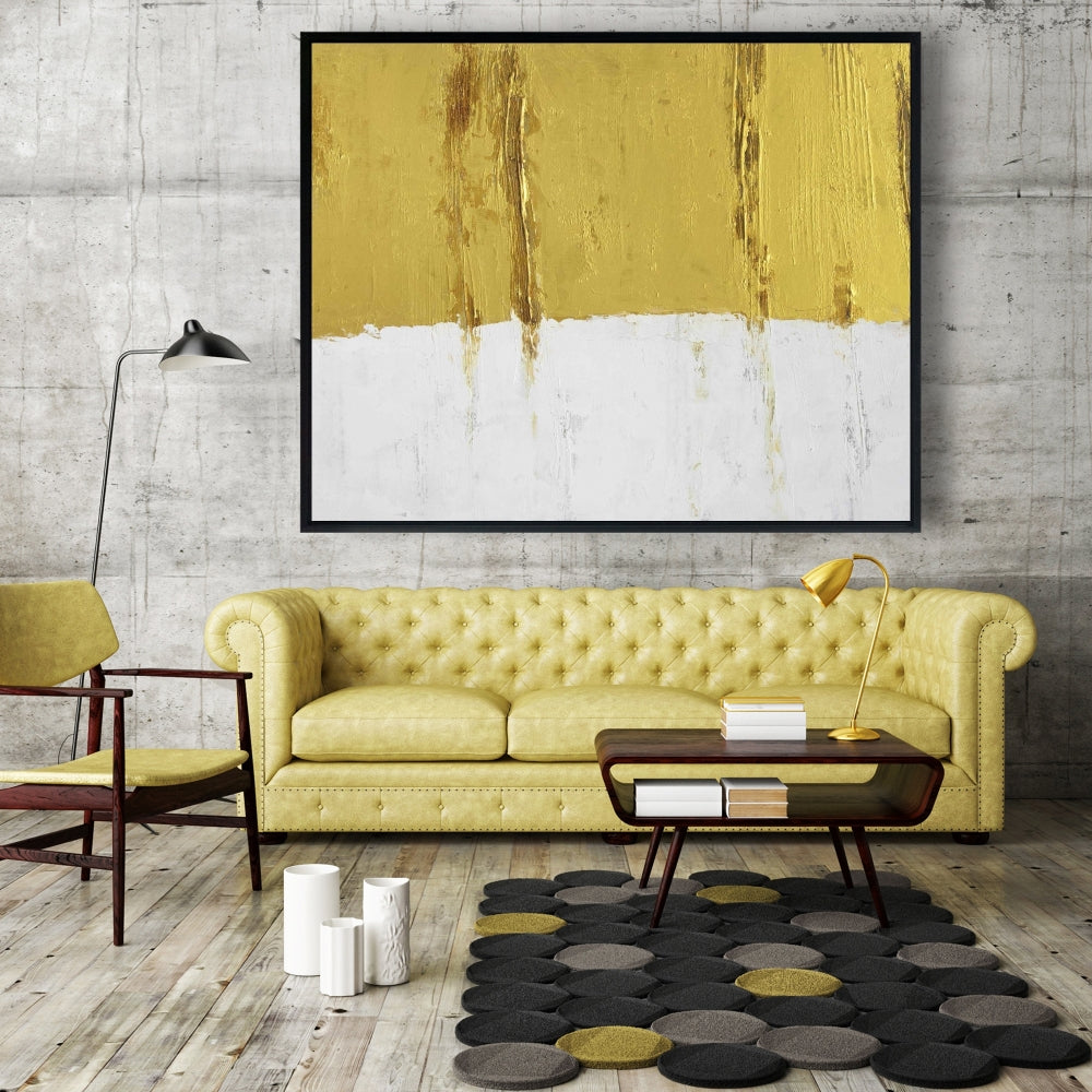 Toile abstraite à rayures dorées | Cadre blanc pour décoration de chambre