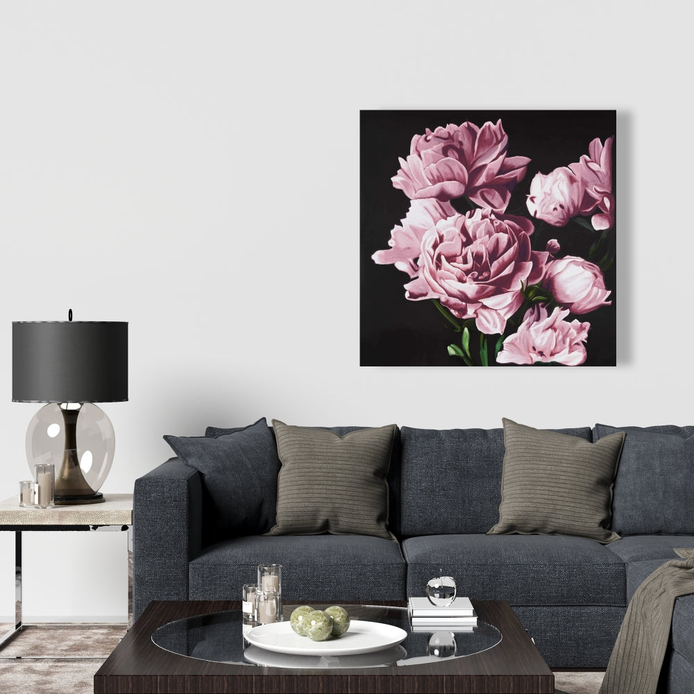 Pink Peonies Canvas - Romantic Black Bedroom Wall Art Decor