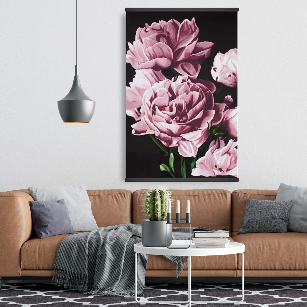 Pink Peonies Romantic Black Magnetic Canvas | Bedroom Decor