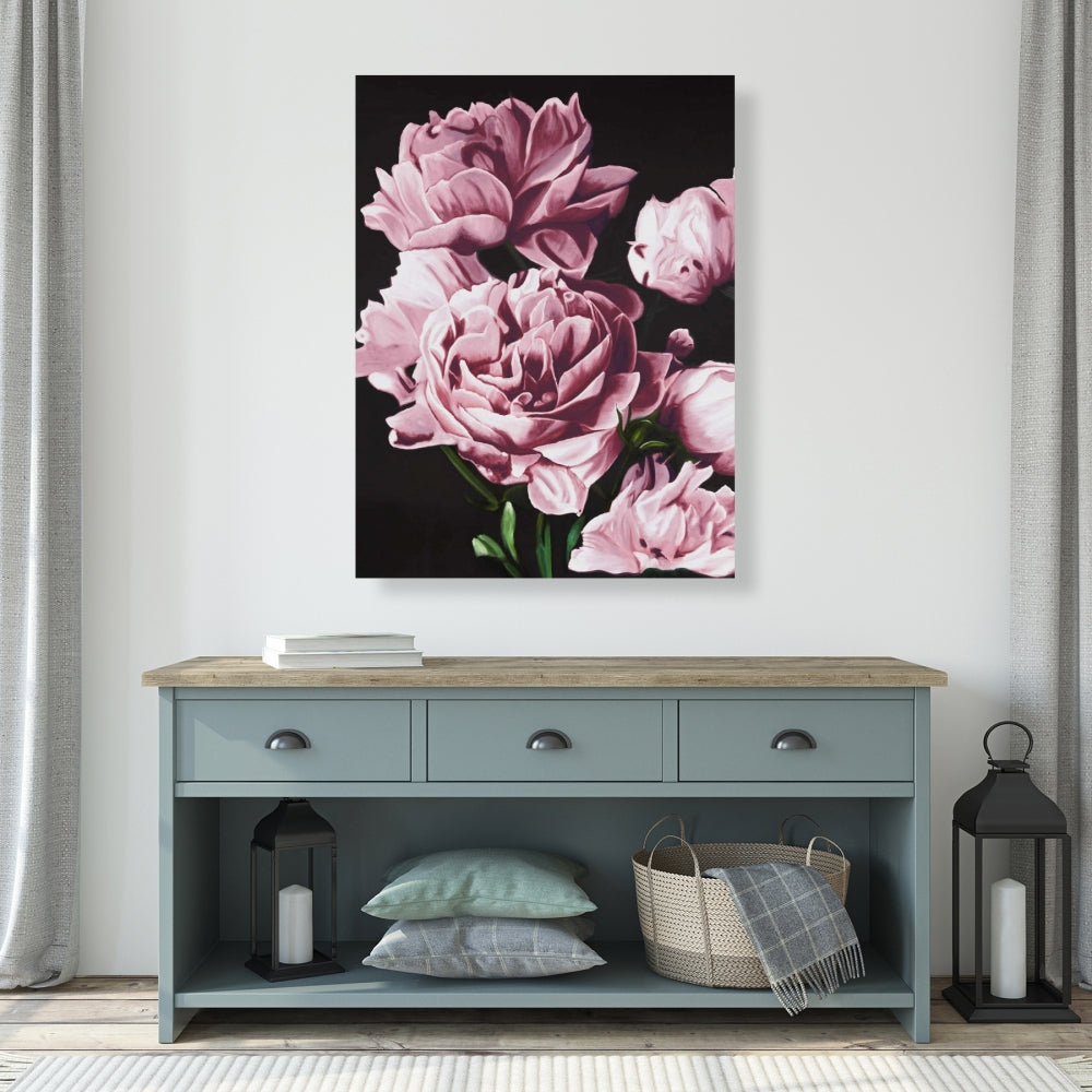 Pink Peonies Canvas - Romantic Black Bedroom Wall Art Decor