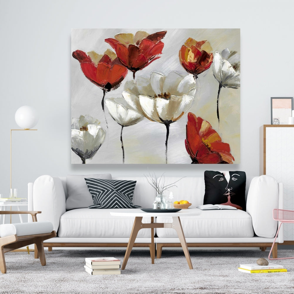 Toile abstraite à fleurs rouges et blanches - Décoration florale moderne pour la maison