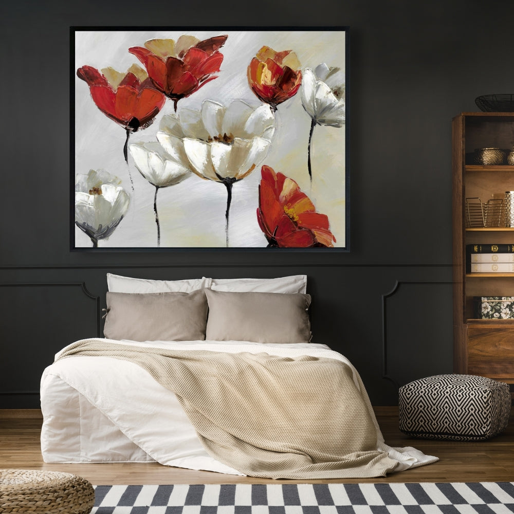 Toile encadrée à fleurs rouges et blanches abstraites - Décoration d'intérieur moderne