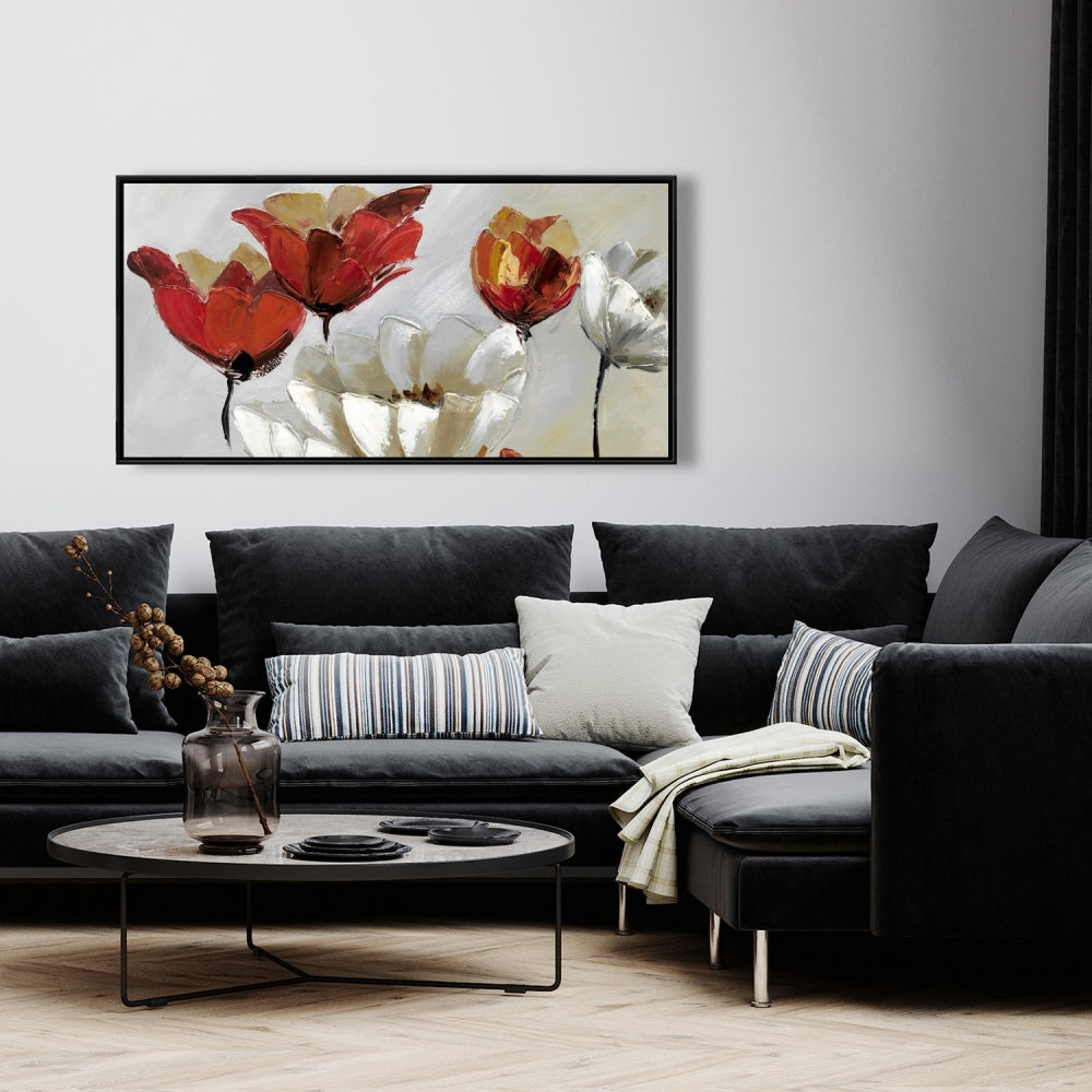 Toile encadrée à fleurs rouges et blanches abstraites - Décoration d'intérieur moderne