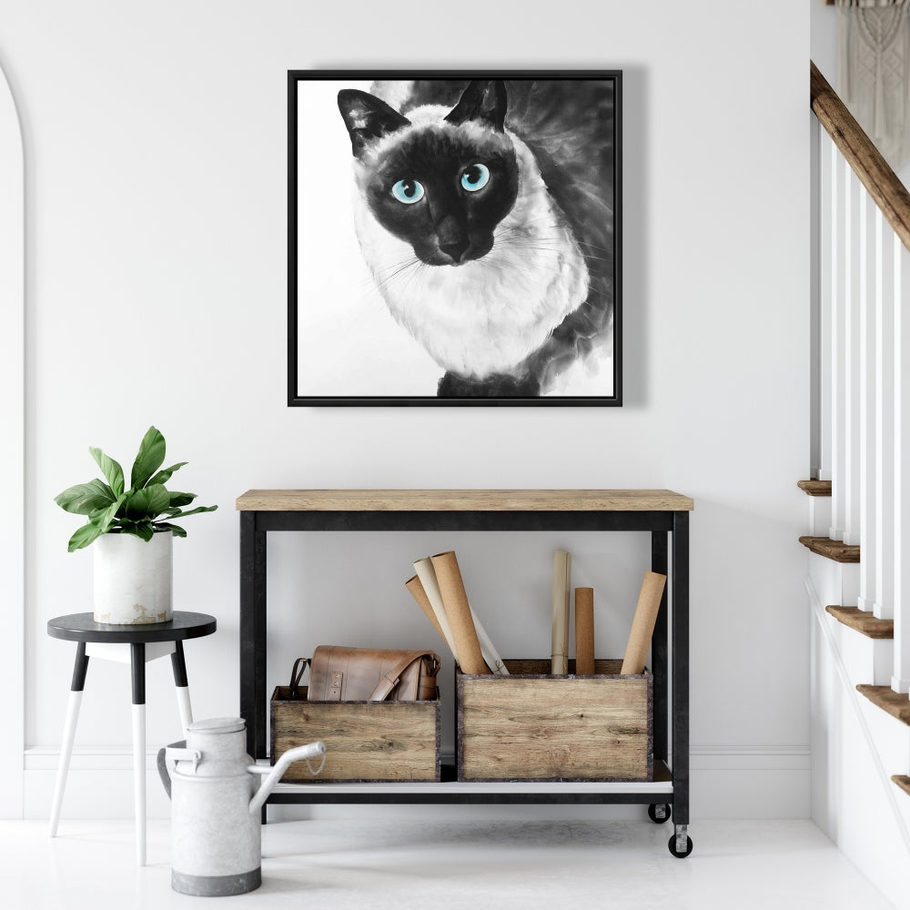 Toile de chat siamois aux yeux bleus - Décoration d'intérieur encadrée blanche