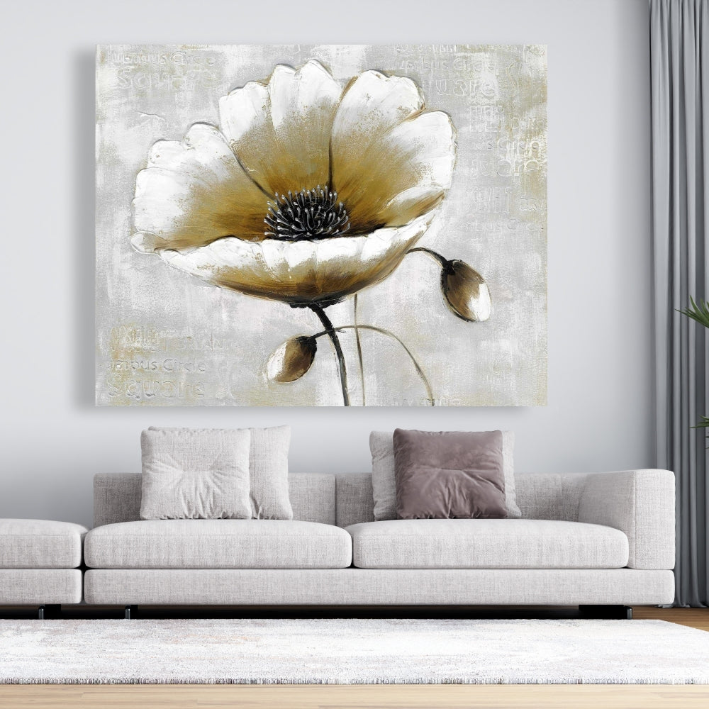 Modern Beige Flower | Botanical White Bedroom Canvas Decor