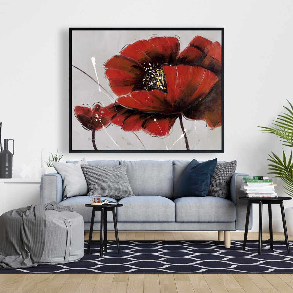 Toile botanique florale grise – Décoration d'intérieur à fleurs de pavot rouge