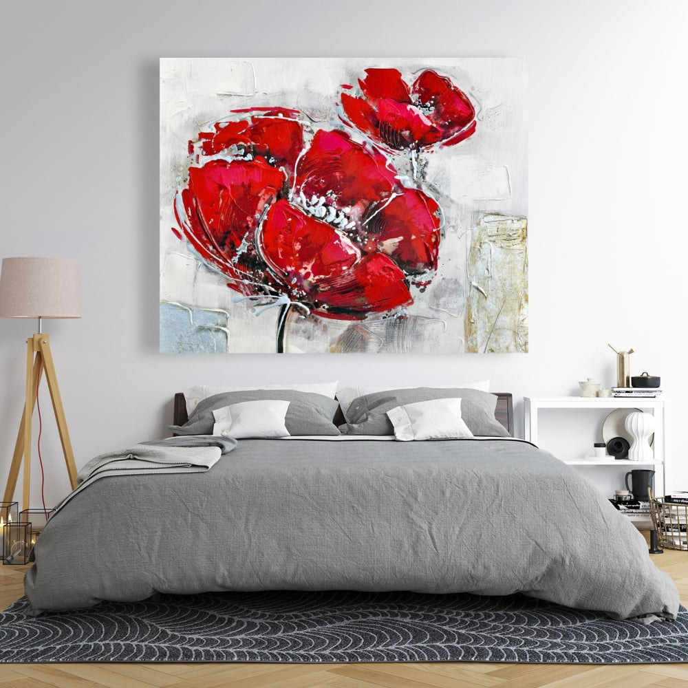 Modern Botanical Canvas | Abstract Textured Red Flowers Decor