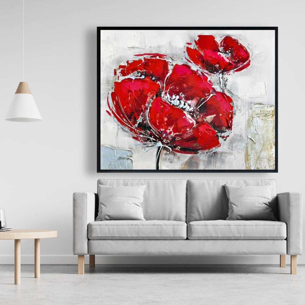 White Modern Botanical Canvas | Abstract Red Flowers Decor