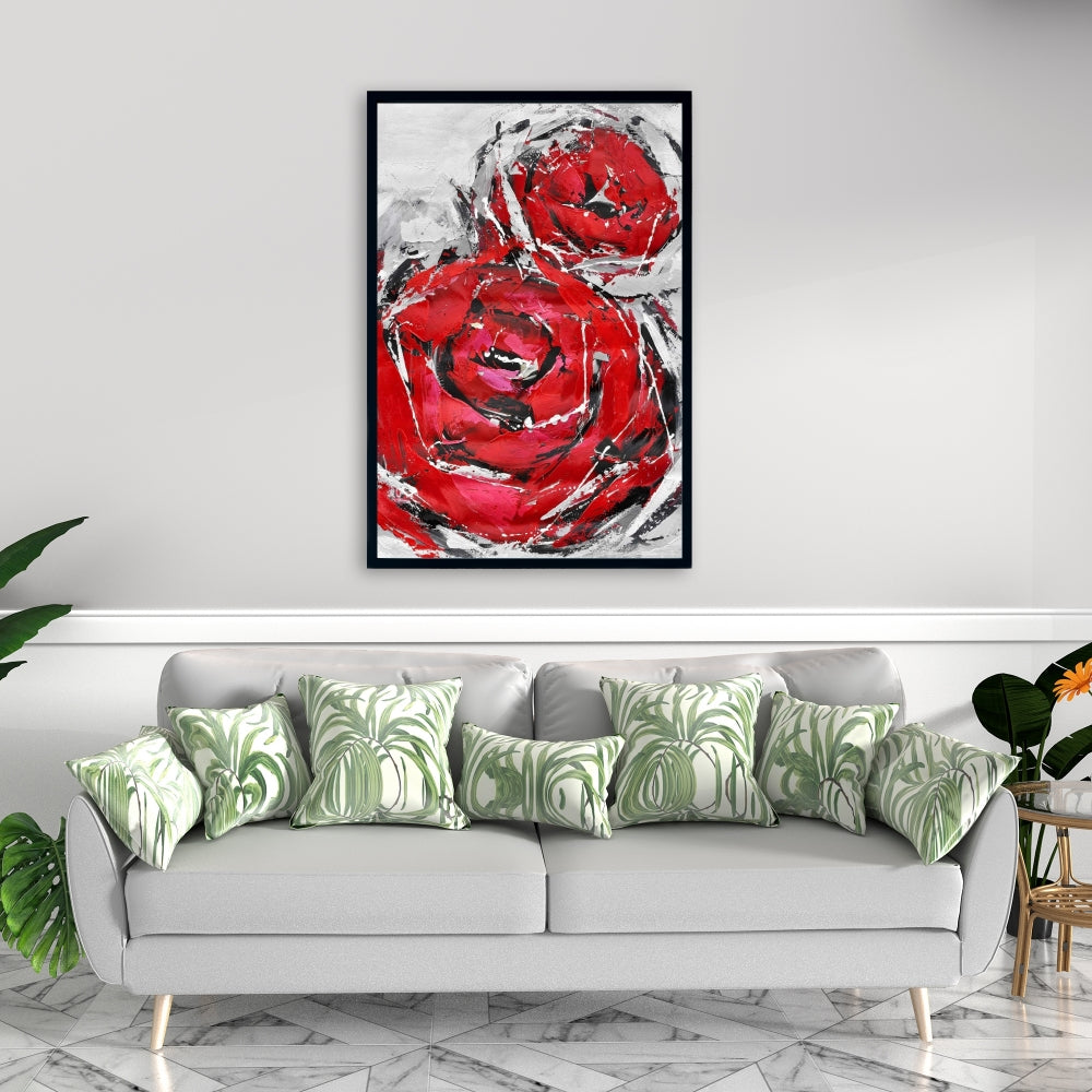 Toile botanique grise pour chambre à coucher | Décor abstrait de roses rouges