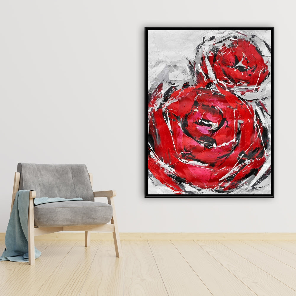 Toile botanique grise pour chambre à coucher | Décor abstrait de roses rouges