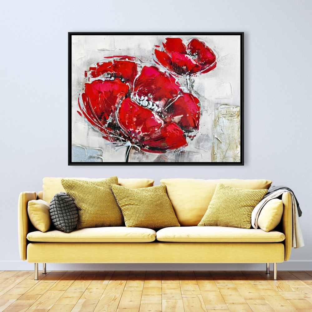 White Modern Botanical Canvas | Abstract Red Flowers Decor