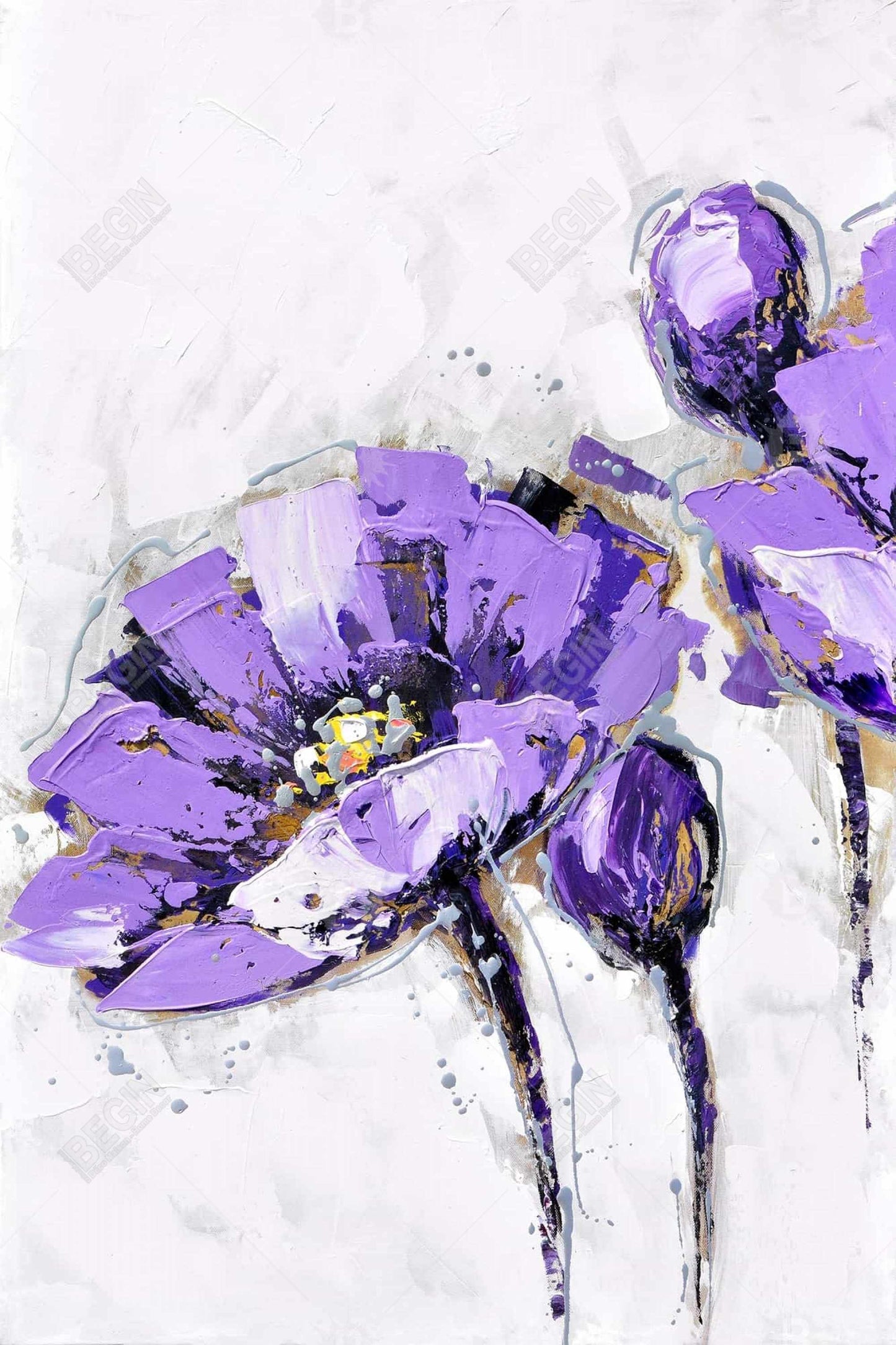 Purple Abstract Flowers Canvas | Botanical Gray Bedroom Decor