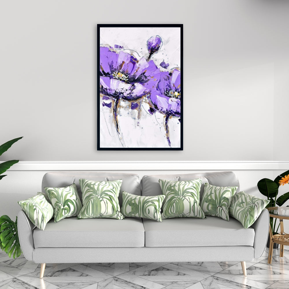 Gray Floral Framed Canvas - Purple Anemone Flowers Decor