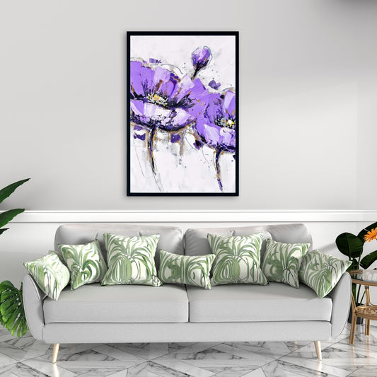 Toile encadrée florale grise – Décor de fleurs d'anémone violettes