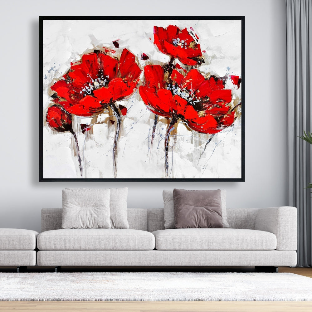 Botanical White Floral Framed Canvas | Abstract Poppy Flowers Decor
