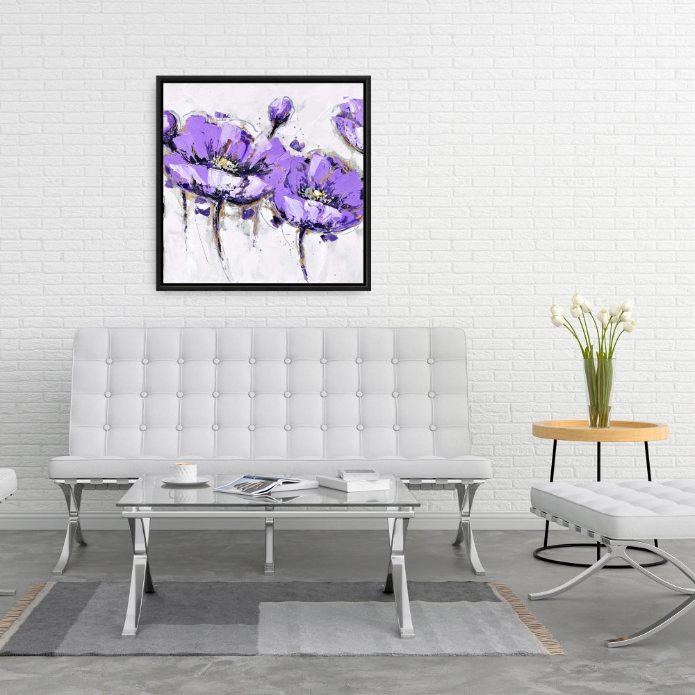 Toile botanique grise à fleurs violettes abstraites | Décoration d'intérieur