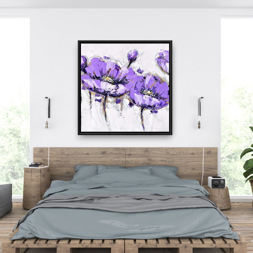 Toile botanique grise à fleurs violettes abstraites | Décoration d'intérieur