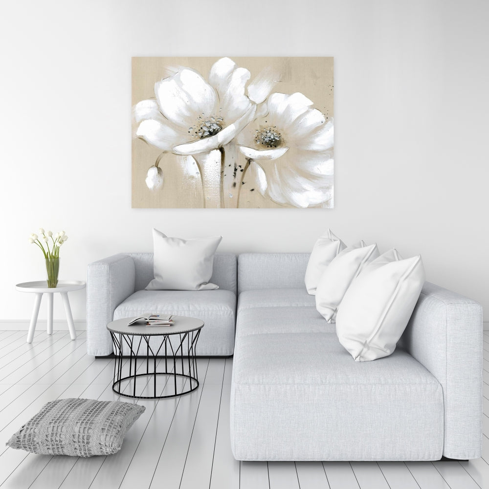 White Abstract Wild Flowers Canvas | Botanical Bedroom Art