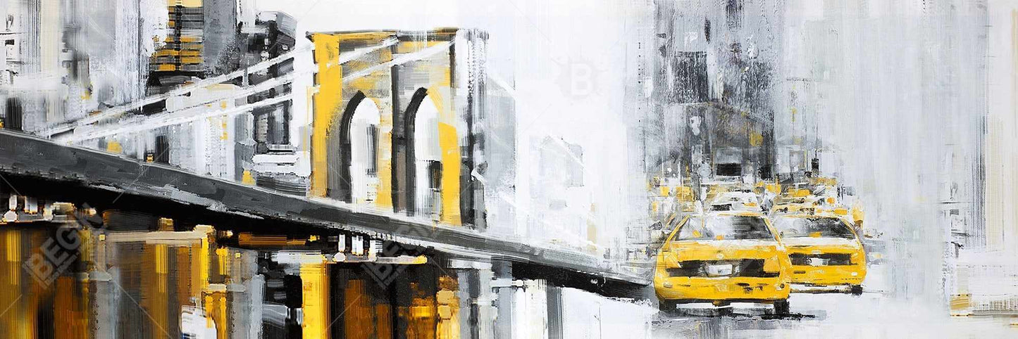 Toile « Pont de Brooklyn jaune avec taxis » | Cadre gris