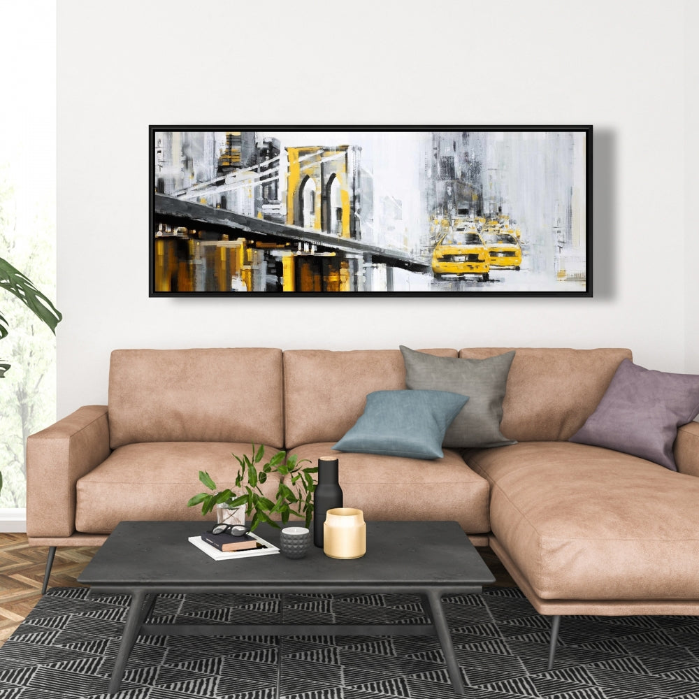 Yellow Brooklyn Bridge with Taxis Canvas | Gray Frame Decor