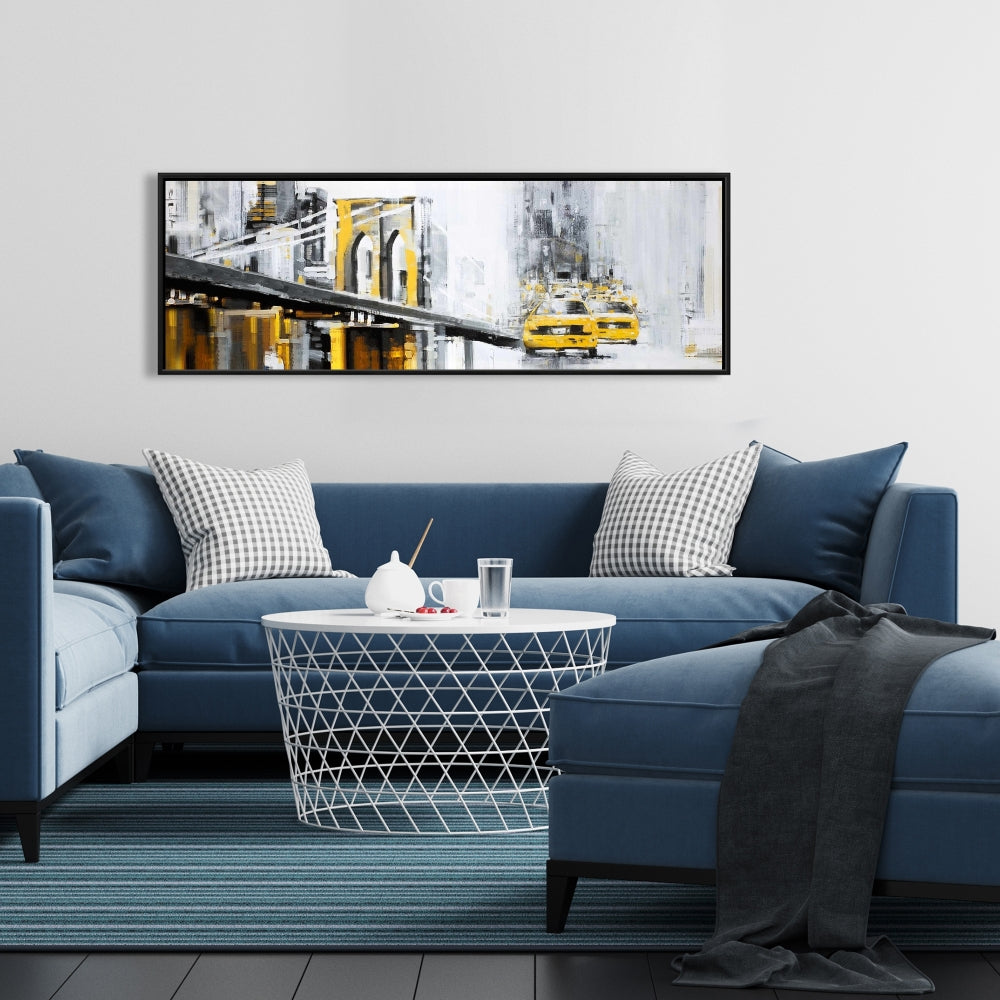 Yellow Brooklyn Bridge with Taxis Canvas | Gray Frame Decor