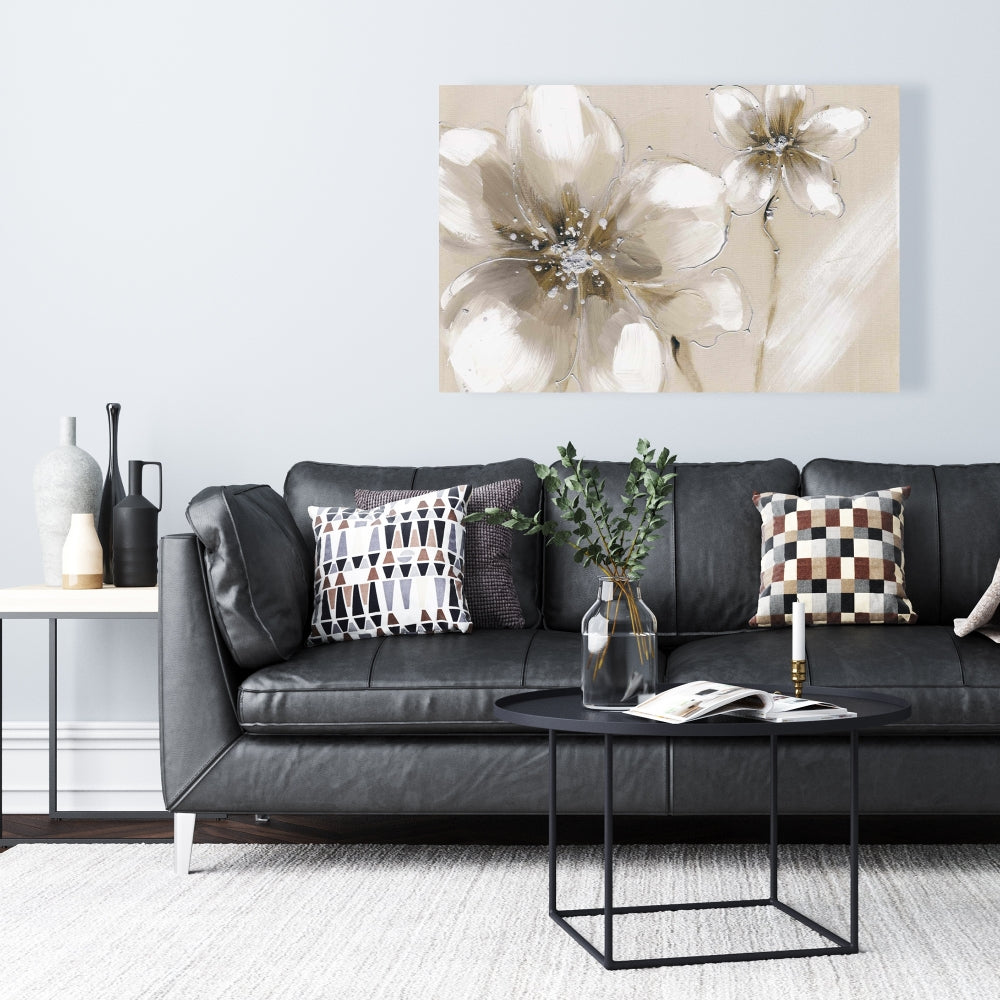 Botanical Silver Canvas - Two Cream Flowers | Home Decor Art