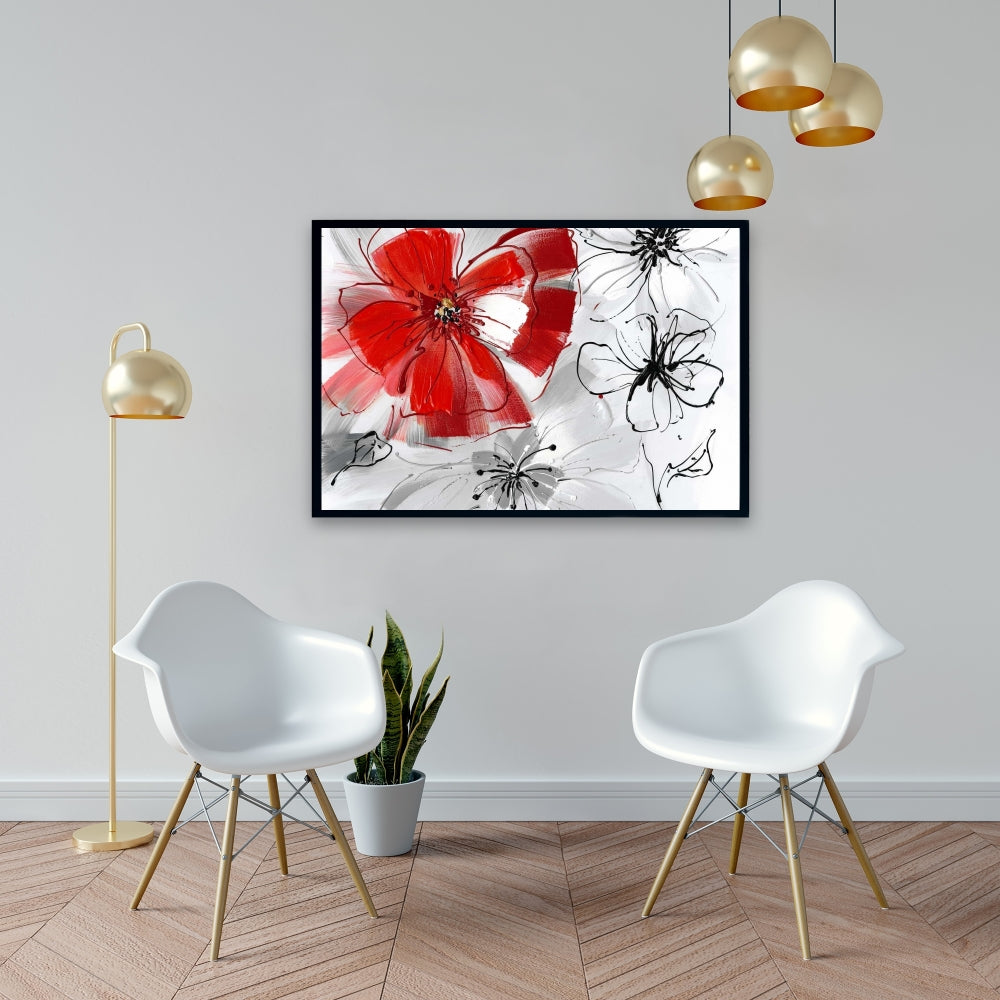 Gray Floral & Botanical Framed Canvas - Red & Gray Flowers Decor