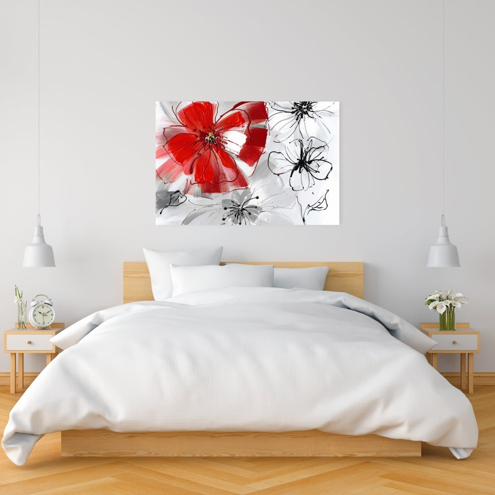 Botanical Bedroom Gray Canvas | Red & Gray Flowers Decor