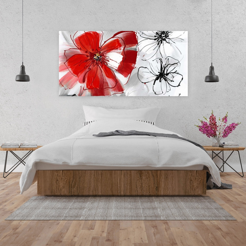 Botanical Bedroom Gray Canvas | Red & Gray Flowers Decor