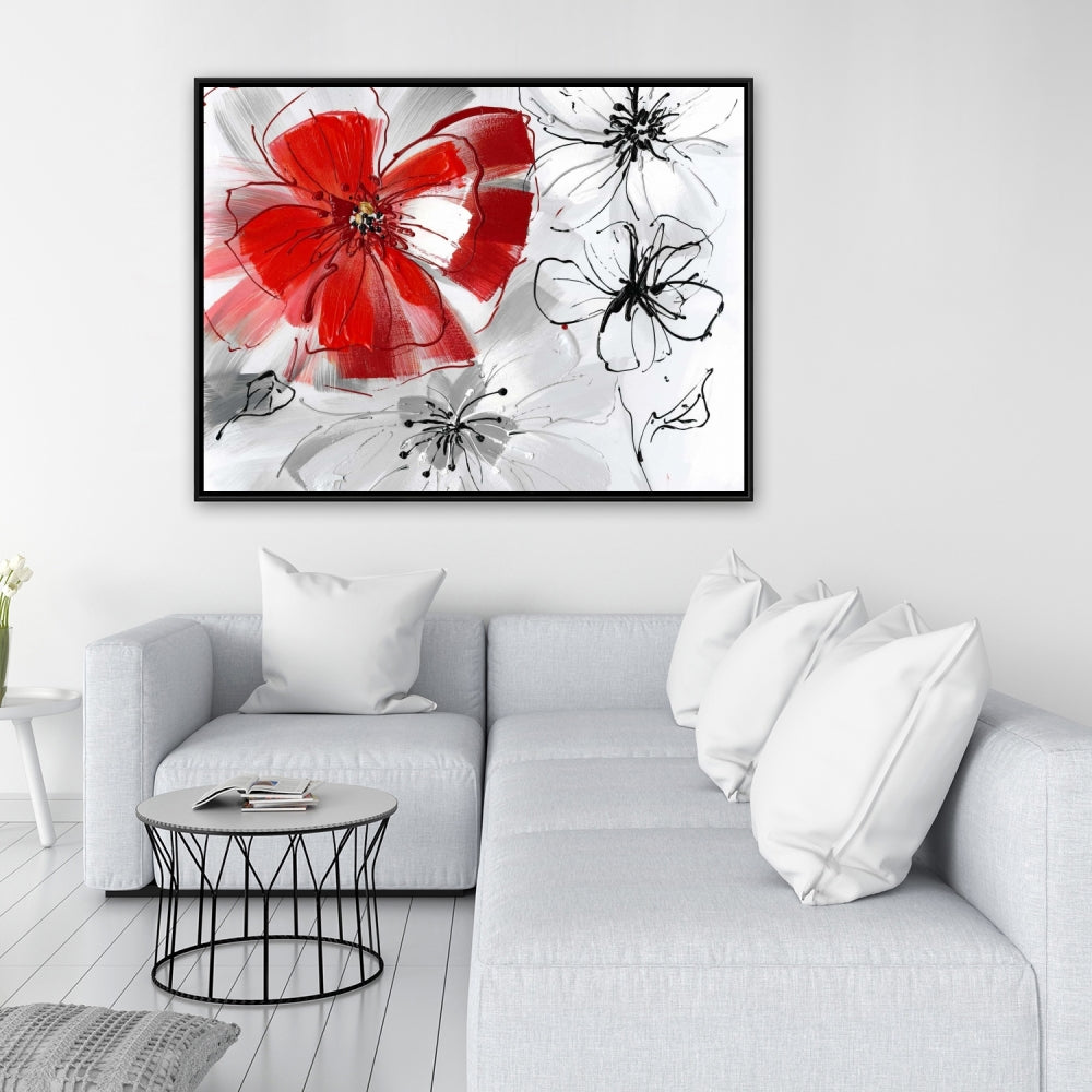 Gray Floral & Botanical Framed Canvas - Red & Gray Flowers Decor