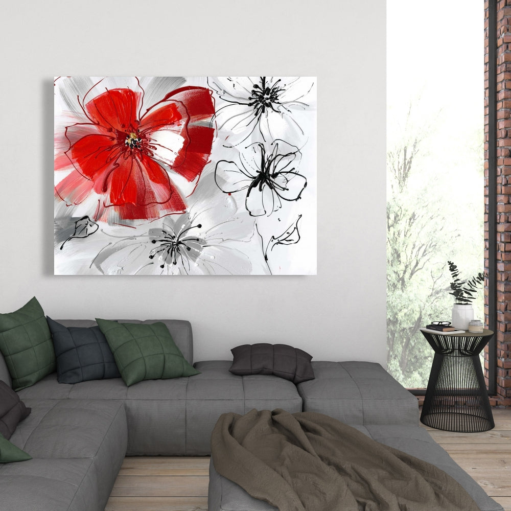 Botanical Bedroom Gray Canvas | Red & Gray Flowers Decor