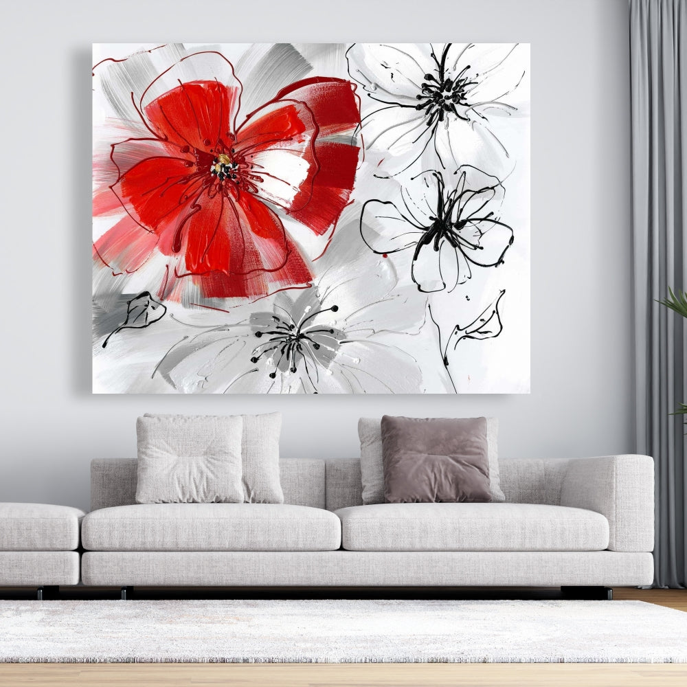 Botanical Bedroom Gray Canvas | Red & Gray Flowers Decor
