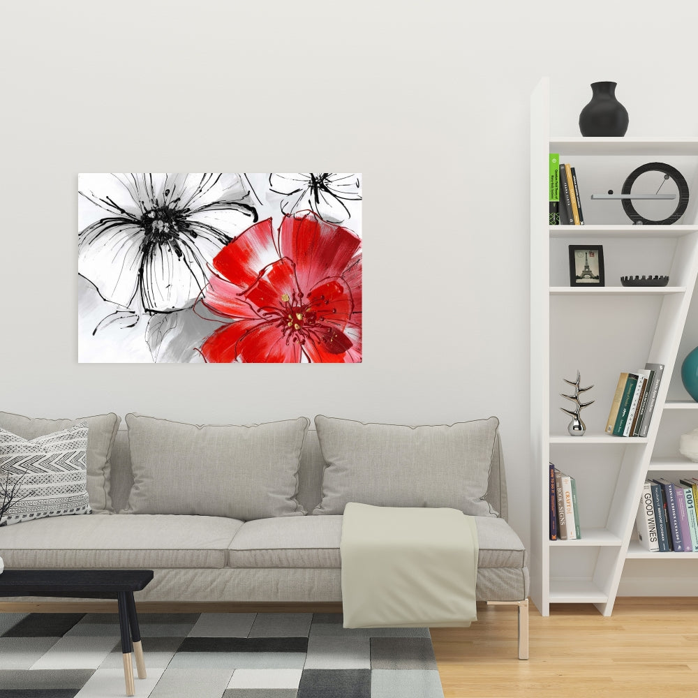 Red & White Flowers Sketch Canvas - Floral Botanical Wall Art