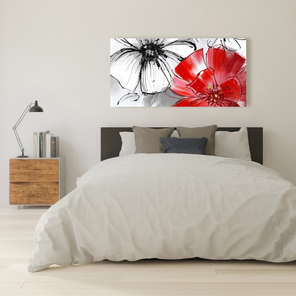 Red & White Flowers Sketch Canvas - Floral Botanical Wall Art