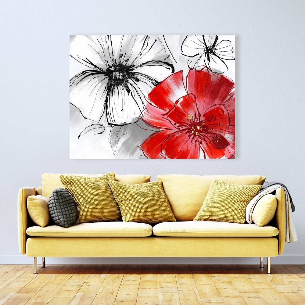 Red & White Flowers Sketch Canvas - Floral Botanical Wall Art