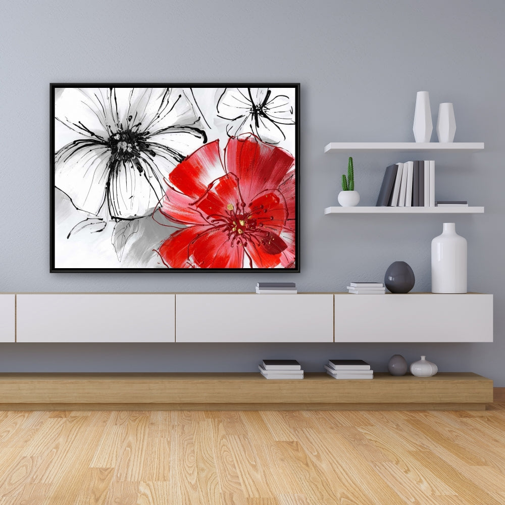 Botanical White Bedroom Canvas | Red & White Flowers Sketch Decor