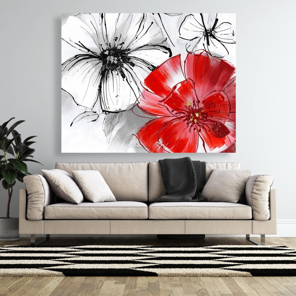 Red & White Flowers Sketch Canvas - Floral Botanical Wall Art