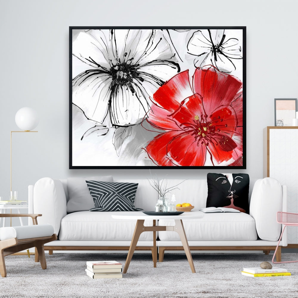 Botanical White Bedroom Canvas | Red & White Flowers Sketch Decor